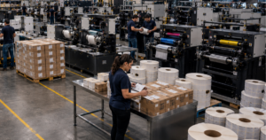 fábrica de rótulo de produto industrial com máquinas de impressão e profissionais acompanhando a produção