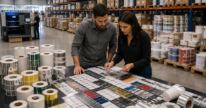 rótulos personalizados em diferentes materiais e formatos para aplicações industriais e embalagens.