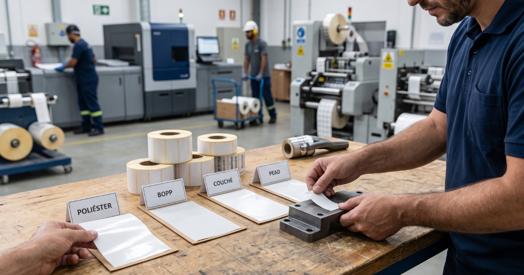 profissional testando etiquetas térmicas de diferentes materiais